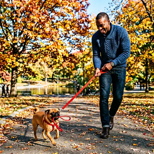 Adorable Pug Walking Man | Urban Park Fall Scene