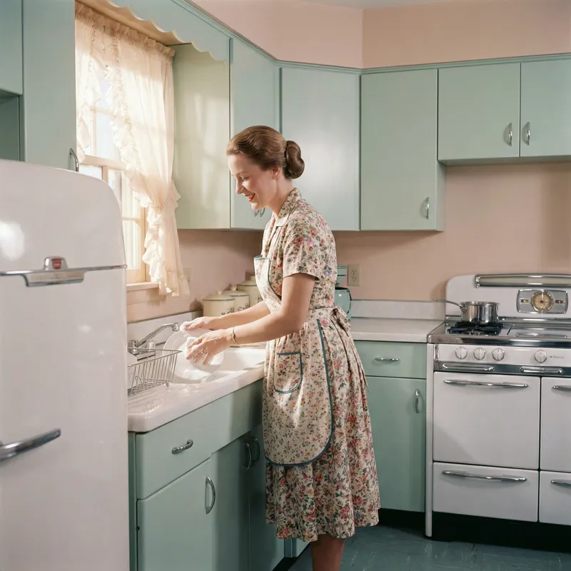 Charming 1950s Housewife in a Classic Kitchen Charming 1950s Housewife in a Classic Kitchen