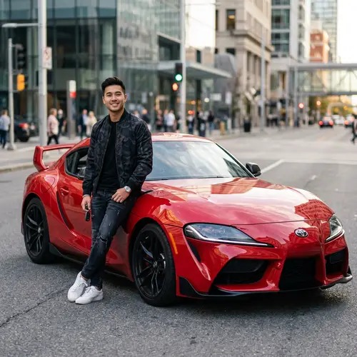Vibrant Red Toyota Supra with Stylish Asian Model