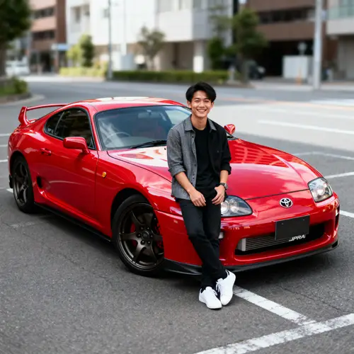 Vibrant Red Toyota Supra with Stylish Asian Model