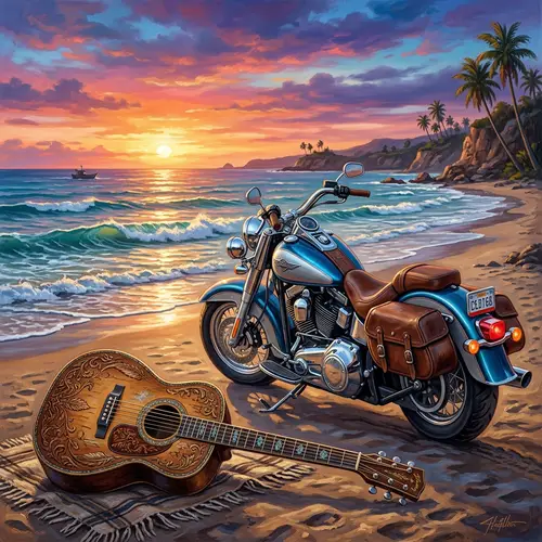 Motorcycle and Guitar: A Perfect Sunset Scene