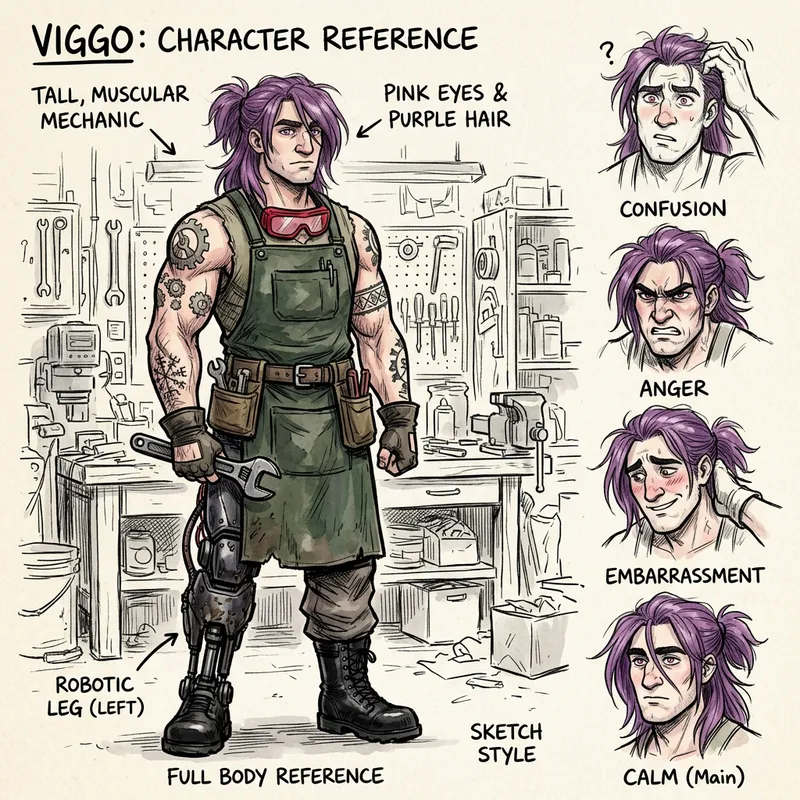 Unique European Mechanic with Robotic Leg | Sketch Art Reference