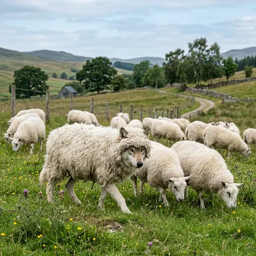 Clever Wolf Disguised as Sheep in Serene Pasture