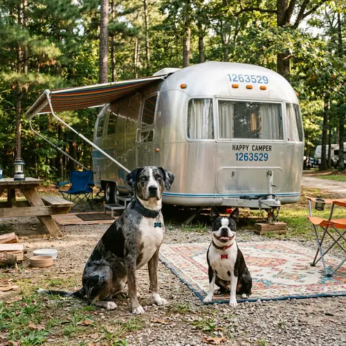 Catahoula Dog and Boston Terrier by a Camper