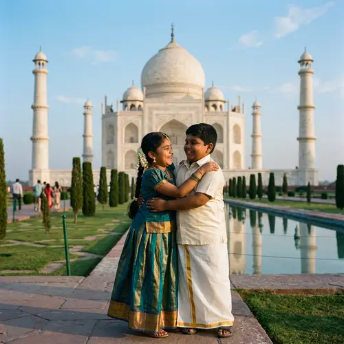 Plump Indian Boy and Girl Embracing in Front of Taj Mahal