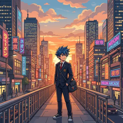 Anime-Inspired Vector Art: Spiky Blue Hair Character in Urban Setting