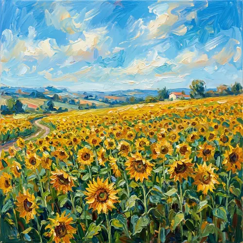 Impressionistic Sunflowers Under Blue Sky