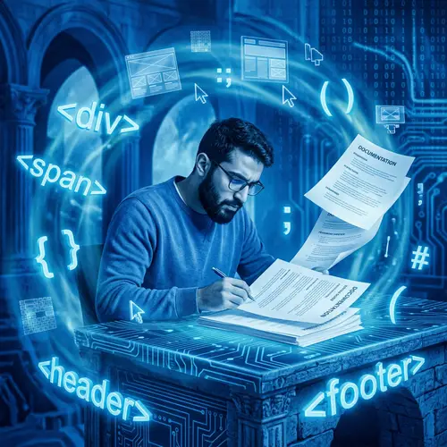 Surrealistic Web Developer Studying English Documentation