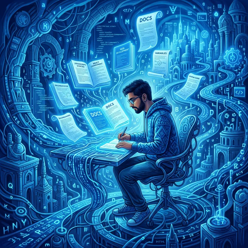 Surreal Web Developer Learning English Color Basics in Blue Style