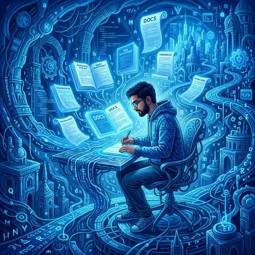 Surreal Scene of South Asian Web Developer Studying English Documentation