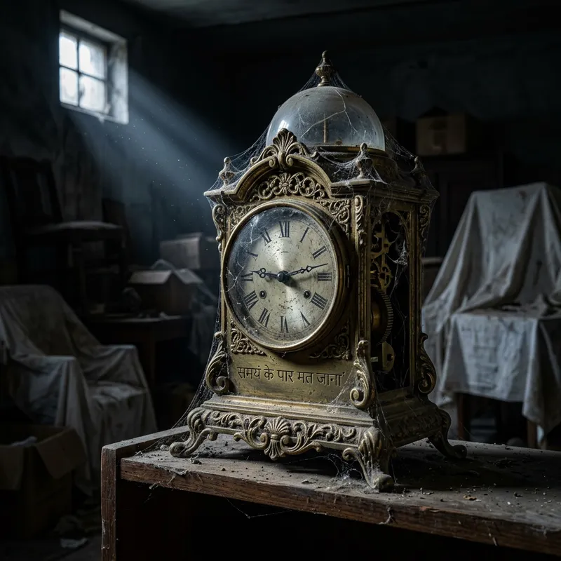 Antique Brass Clock in Dusty Storeroom
