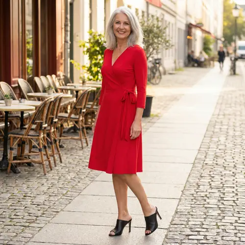 Stylish Outfits for Women Over 60: Red Dress & Heels