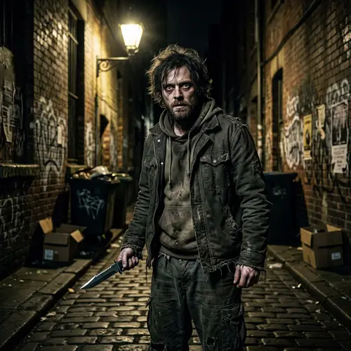 Eerie and Desolate Back-alley Terror: Deranged Individual with Serrated Knife