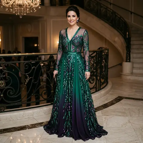 Emerald & Purple Sequin Dress with V-Neck Design