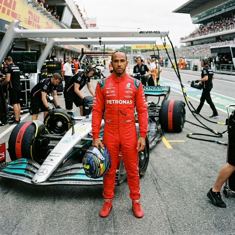 Lewis Hamilton: Black Race Car Driver in Red Suit with Striped Helmet