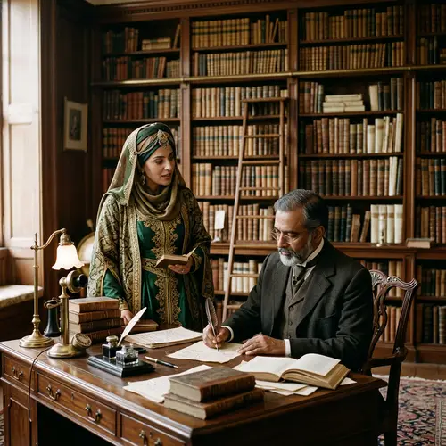Victorian Bookcase Desk Scene with Man and Woman