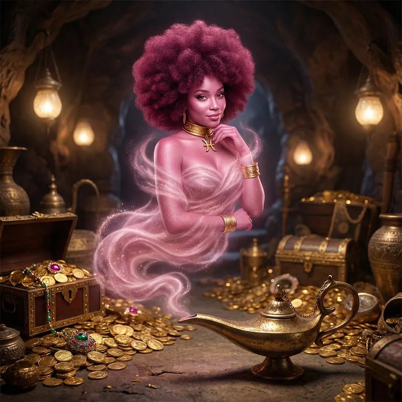 Enchanting Female Genie Emerges from Ancient Lamp Enchanting Female Genie Emerges from Ancient Lamp