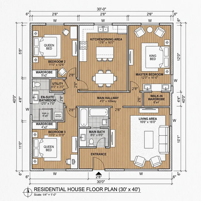 Detailed 3-Bedroom 30x40 House Floor Plan with 2 Bathrooms