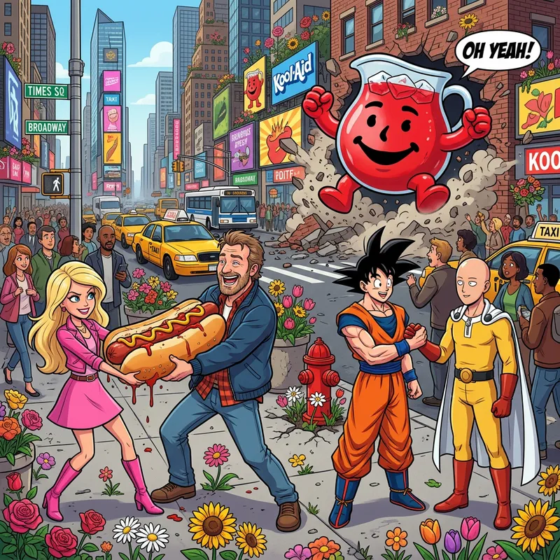 Barbie and Oppenheimer fighting over hotdog in New York | Goku find one punch | Flowers and Kool-Aid man