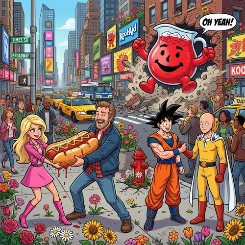 Barbie and Oppenheimer fighting over a hotdog in New York city.  Goku from dragon ball z find one punch and holds hands. 