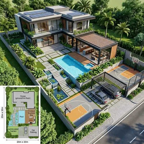 Modern Two-Storey House Plan with Pool and Garden