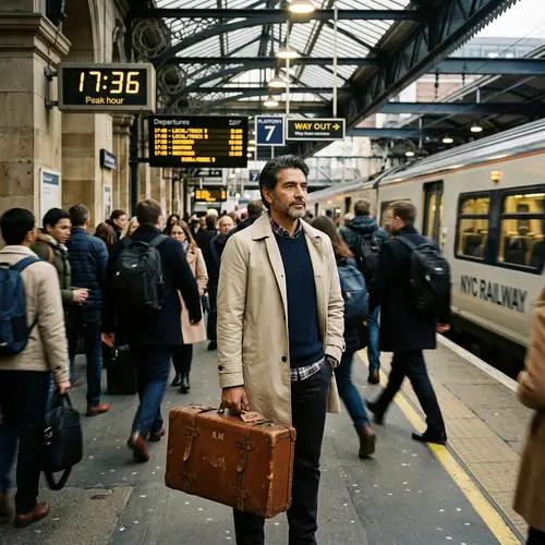 Middle-Aged Hispanic Man at Busy Railway Station