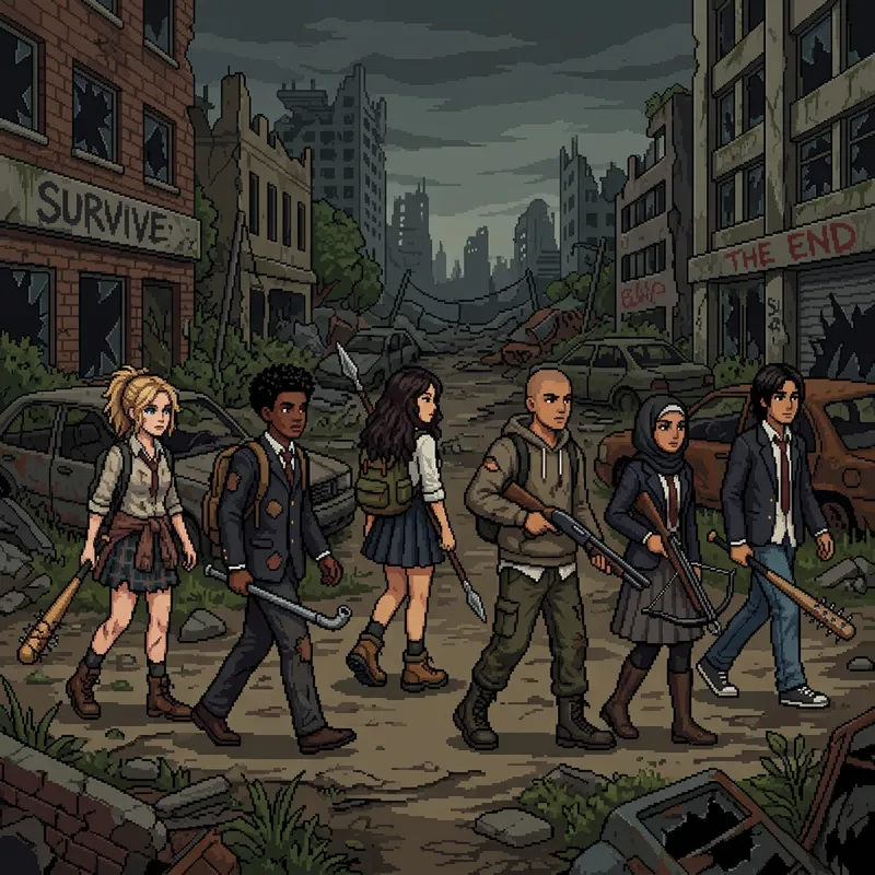 Pixel Art of High School Students in Apocalypse Setting