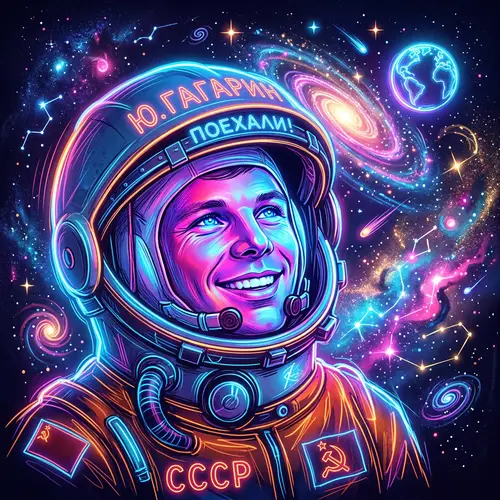 Neon Tribute to Yuri Gagarin: Astronaut Sketch