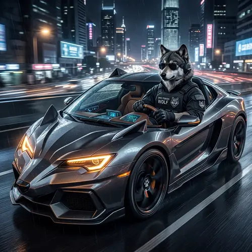 Special Forces Wolf with Shades in Luxury Car