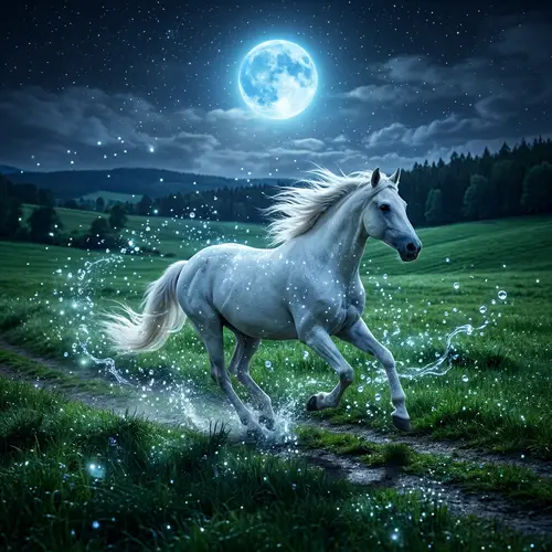 White Wild Horse Running Under Blue Moonlight