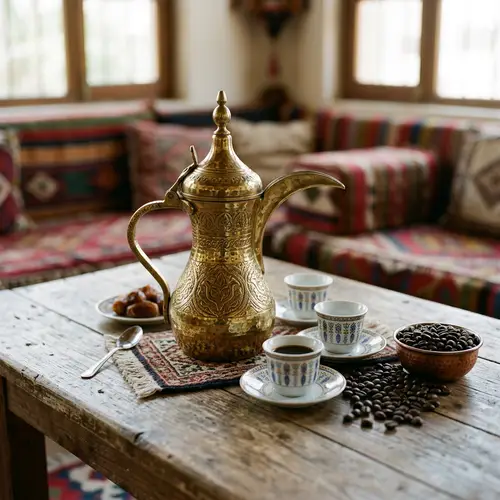 Traditional Arabic Dallah: Coffee Pot & Beans