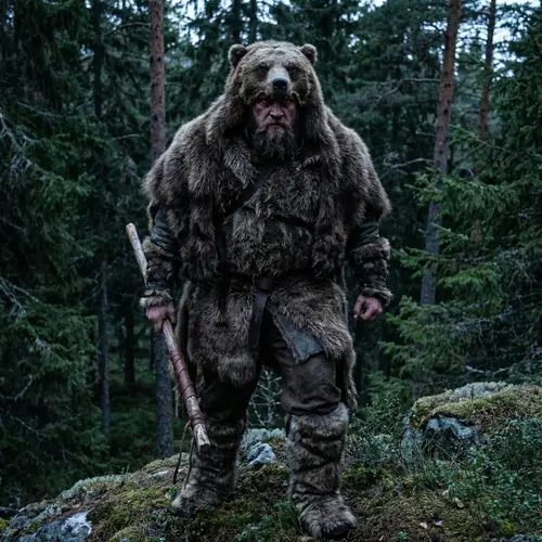 Muscular Man in Bearskin Armor with Red Eyes