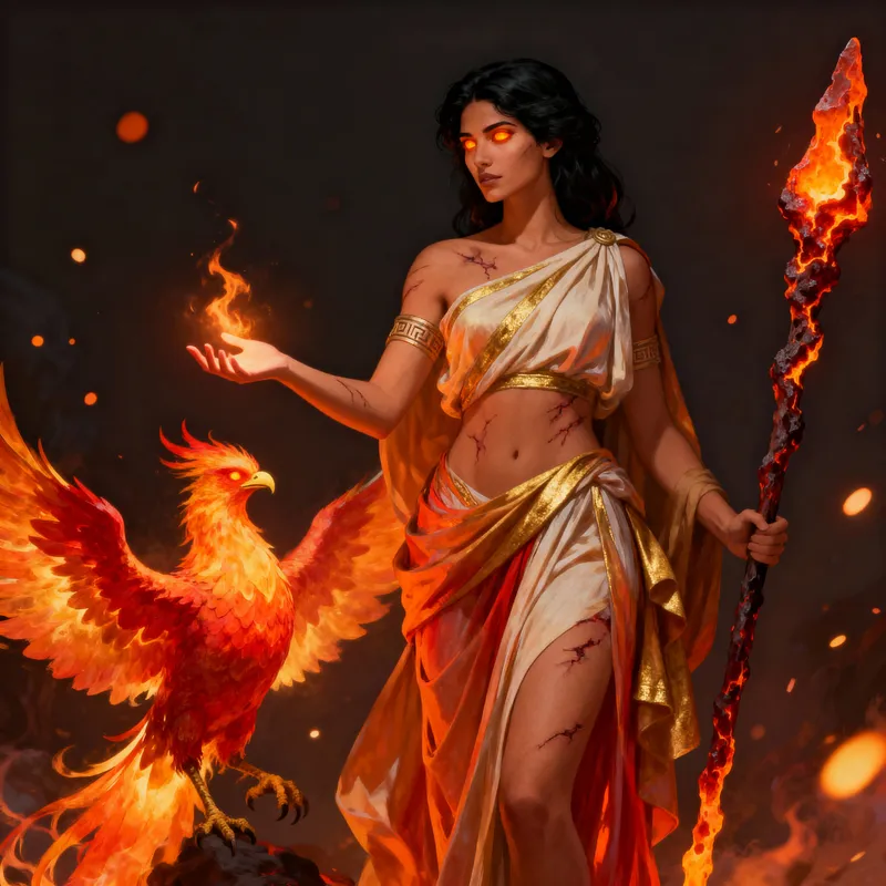 Greek Fire Goddess with Phoenix and Lava Spear