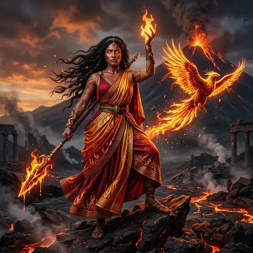 Greek Fire Goddess with Phoenix and Lava Spear