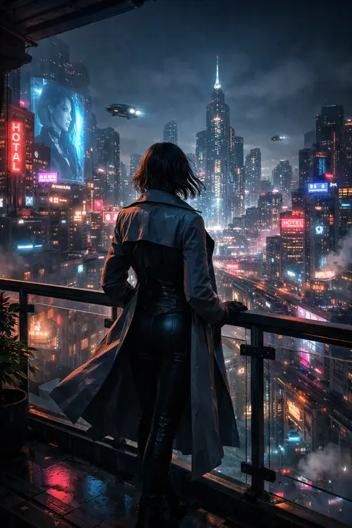 Cyberpunk Cityscape with Contemplative Girl