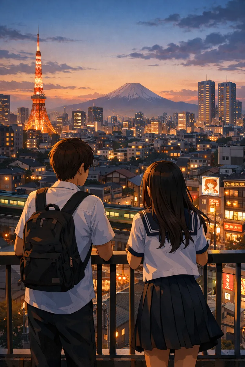 Japanese Cityscape: A Balcony View with Two Kids