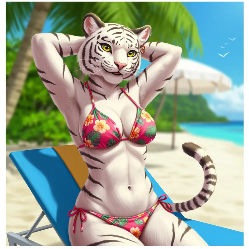 White Anthropomorphic Tiger in a Bikini