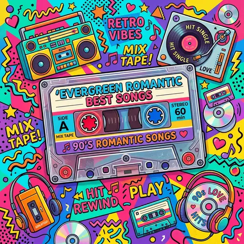 Evergreen Romantic 90's Best Songs | Vintage Cassette Tape Illustration
