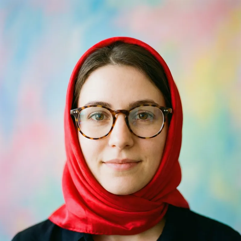 Caucasian Woman Wearing Red Scarf and Glasses | Intellectual Charm