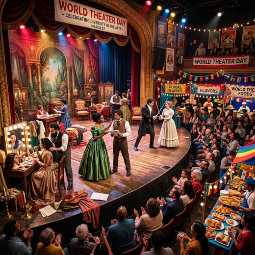 World Theater Day: Diverse Actors Rehearsing on Lavish Stage