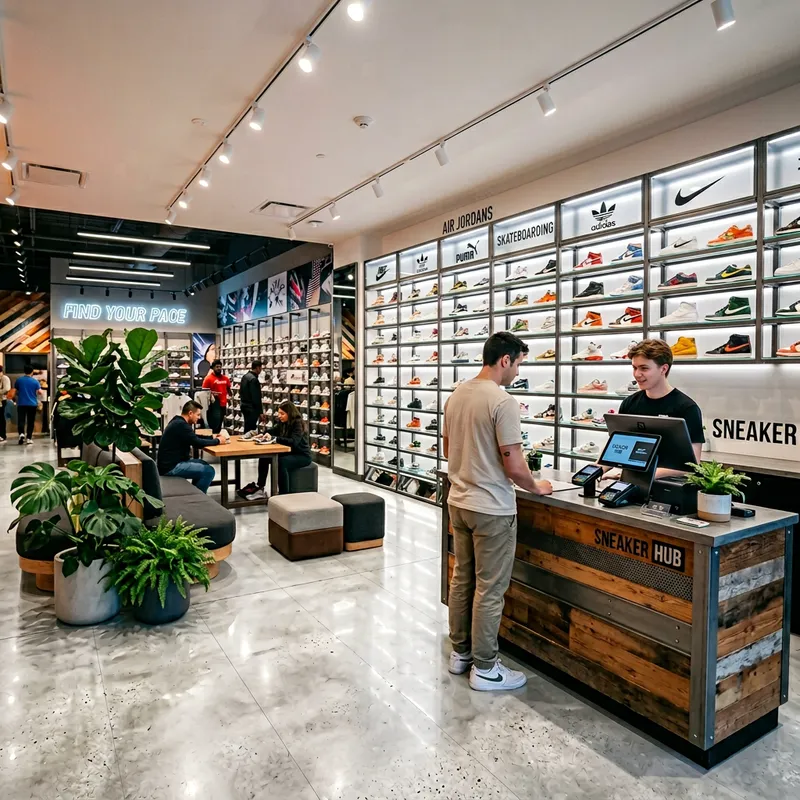 Dynamic Sneaker Store Reception Design | Modern Counter & Colorful Displays Dynamic Sneaker Store Reception Design | Modern Counter & Colorful Displays