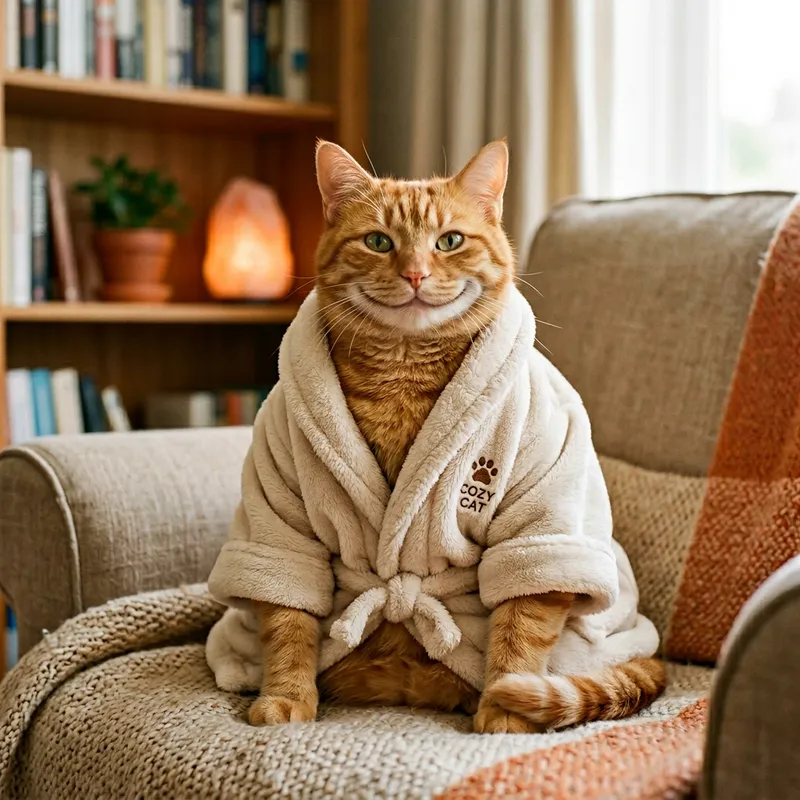 Adorable Smiling Chubby Ginger Cat in Bathrobe Adorable Smiling Chubby Ginger Cat in Bathrobe