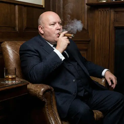 Fat Bald Man in Suit Smoking Cigar