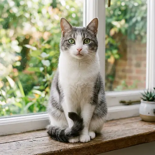 Fluffy White and Grey Domestic Cat with Green Eyes