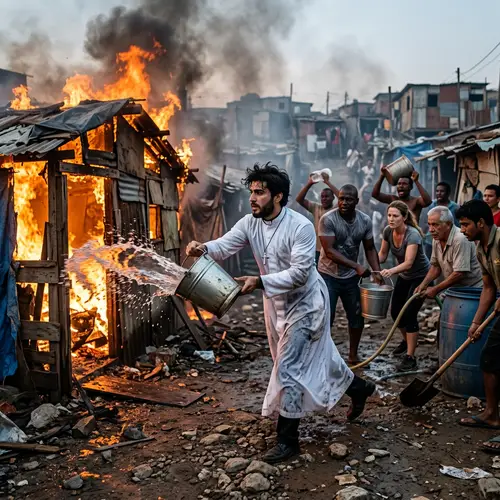 Young Middle-Eastern Priest Extinguishing Blaze in Poverty Settlement