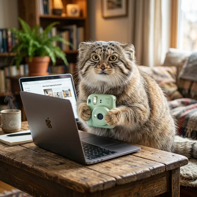 Happy Manul Cat with Camera at Laptop | Cozy Indoor Scene Happy Manul Cat with Camera at Laptop | Cozy Indoor Scene