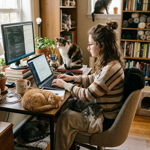 Girl Working Hard at Computer with Cats