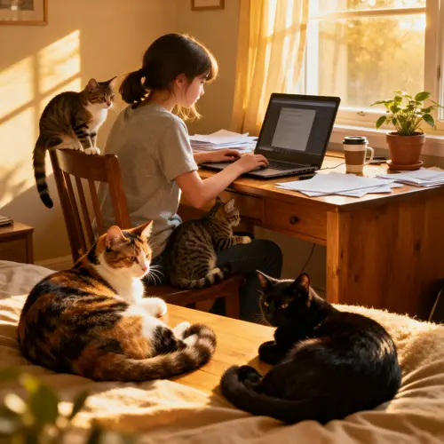 Girl Working Hard at Computer with Cats