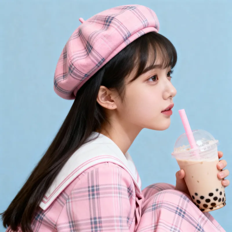Pastel Pink Girl in Plaid Outfit with Boba
