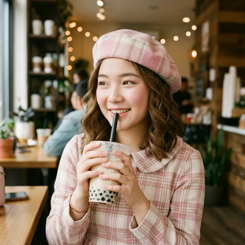 Pastel Pink Girl in Plaid Outfit with Boba